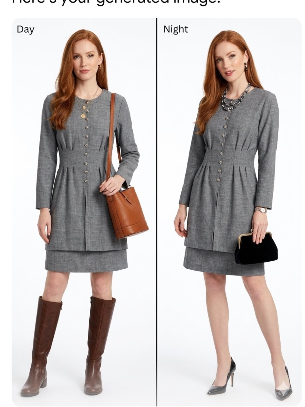 Studio C Vintage long sleeve dress in textured heather finish metallic buttons